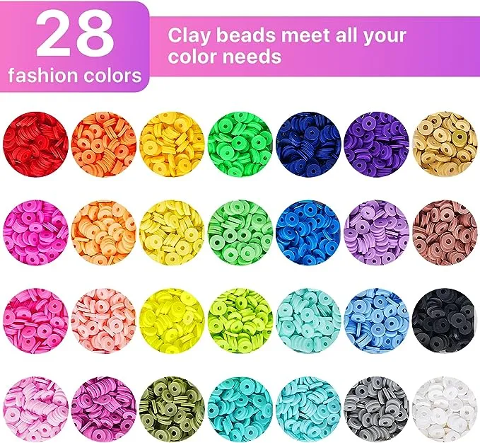 28 Colors 6380pcs 6mm Flat Round Heishi Polymer Clay Jewelry Making Kit Bead Smiley Face Beads Set