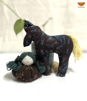 Black and Blue Handcrafted Cotton Fabric Doll and Horse Toys !!!