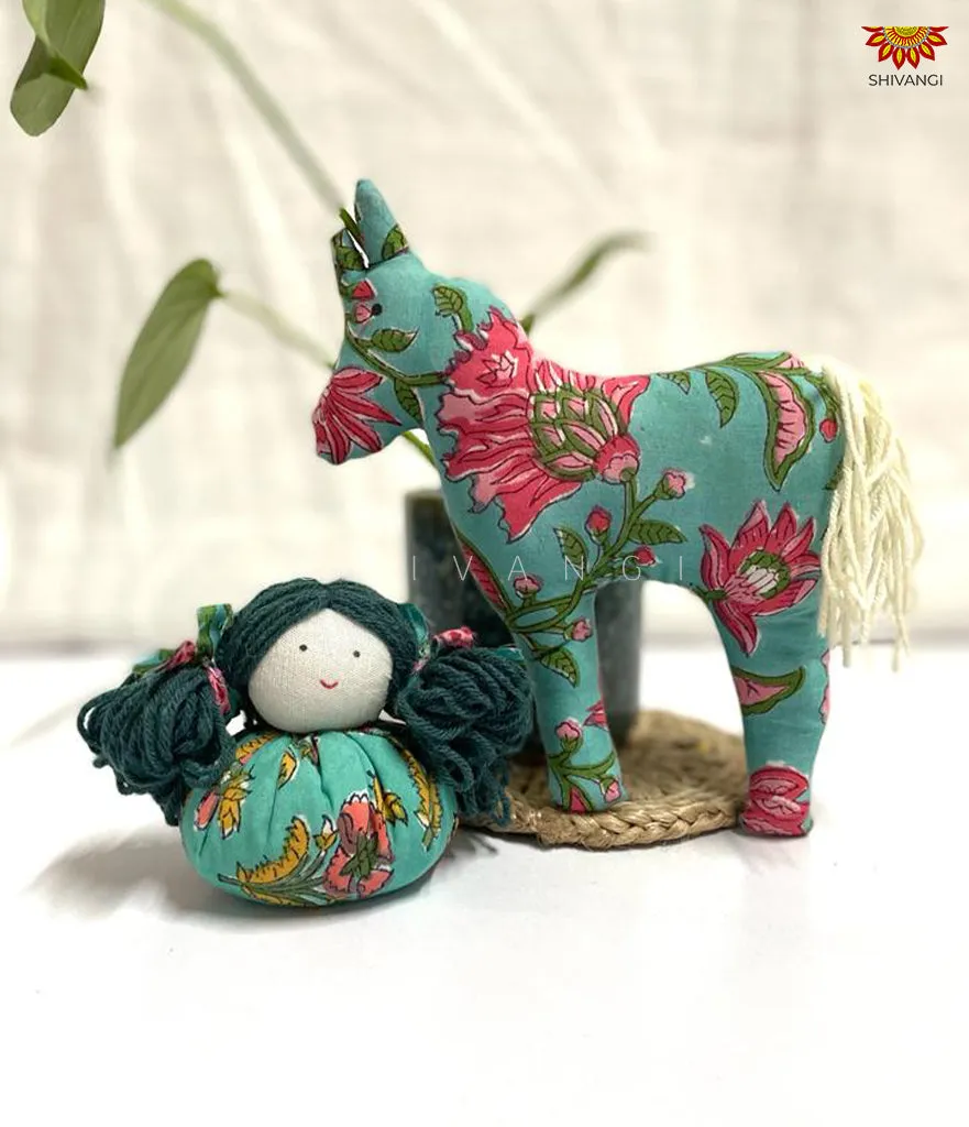 Blue Handcrafted Cotton Fabric Horse and Doll Toys !!!