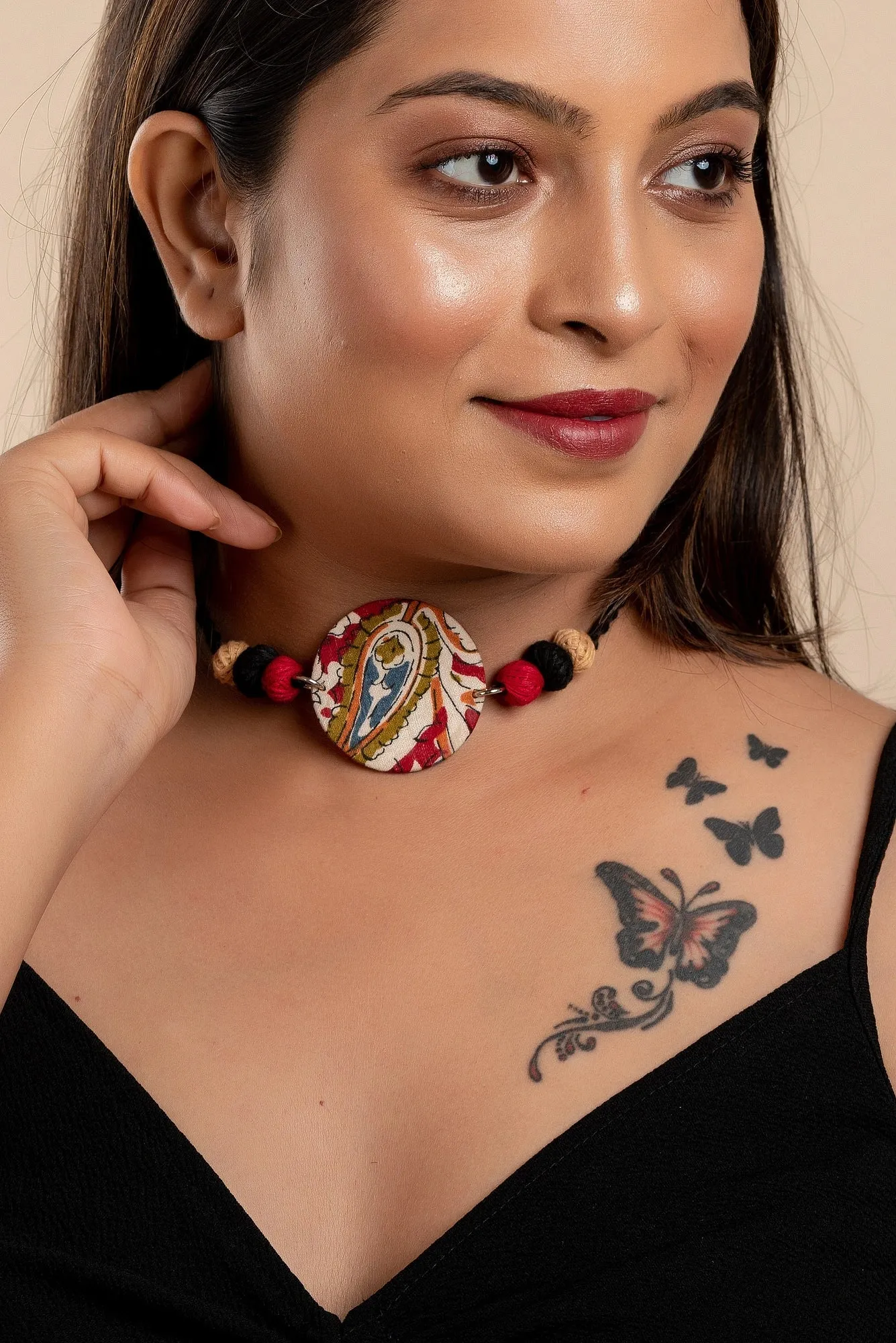 Handcrafted Kalamkari Fabric Choker Necklace with Thread Balls and Adjustable Dori for Women