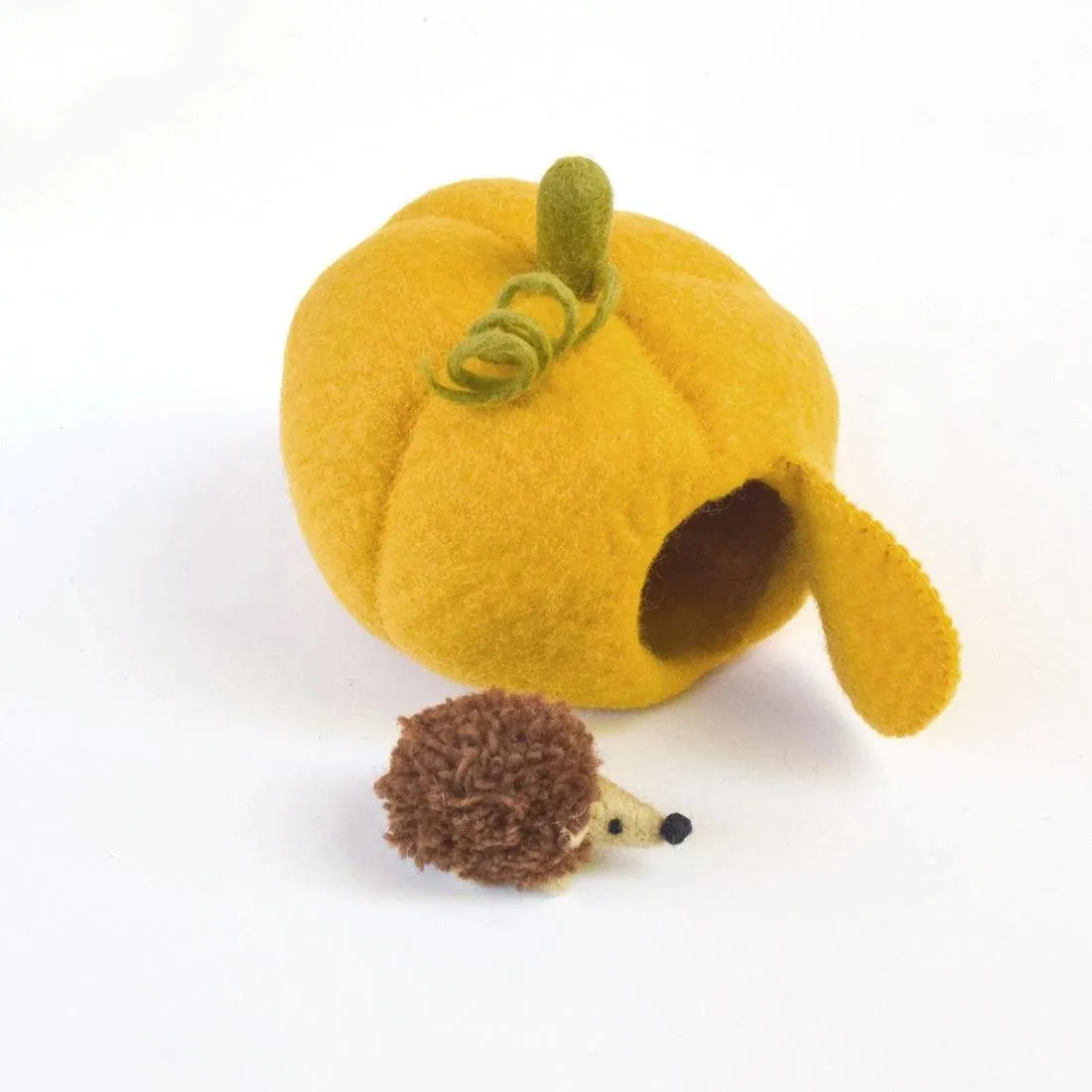 Handmade Felt Pumpkin House and Hedgehog Set