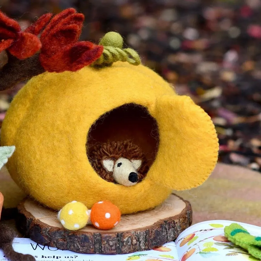 Handmade Felt Pumpkin House and Hedgehog Set