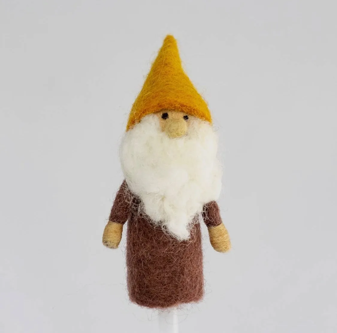 Handmade Felted Gnome Finger Puppet - Gold Hat