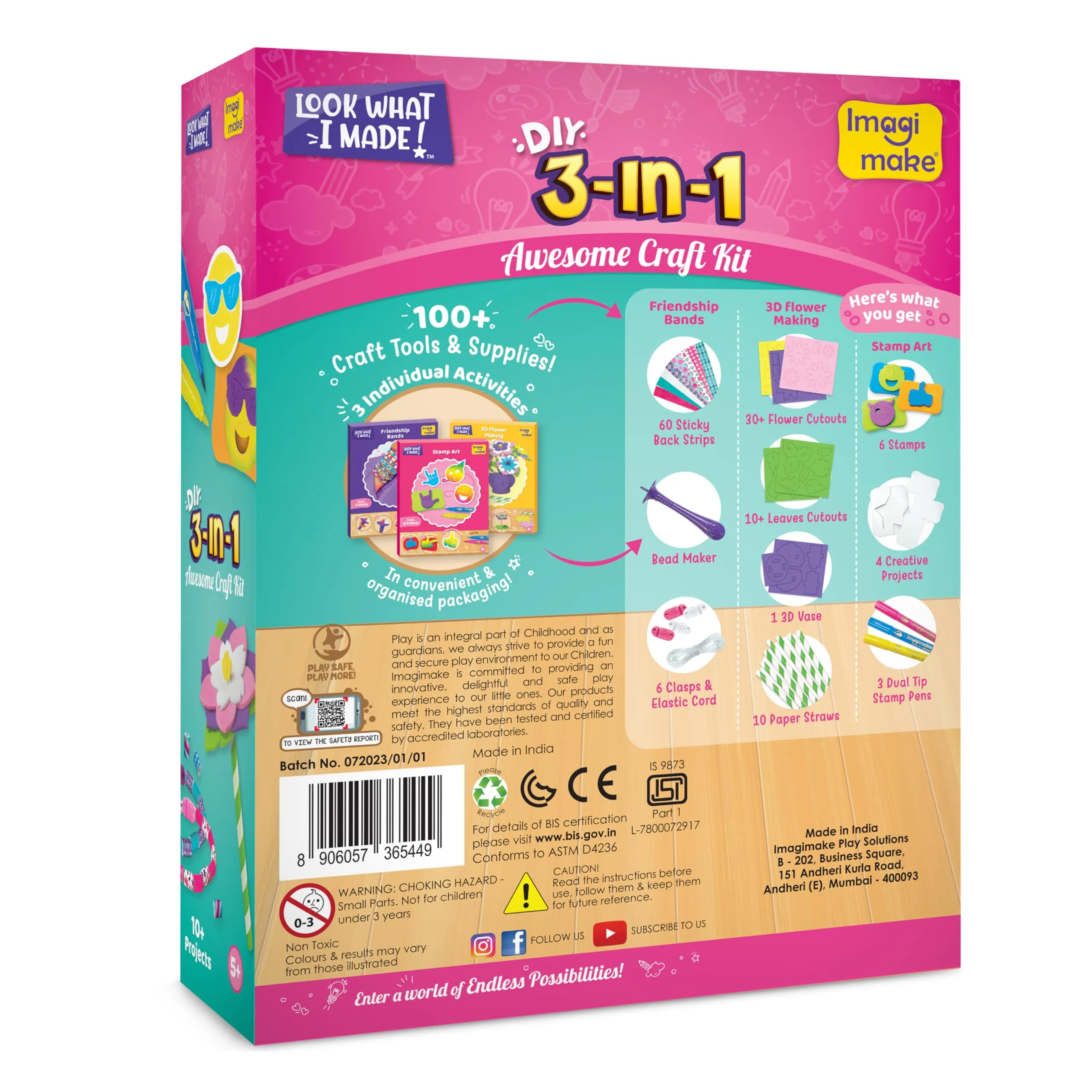 Imagimake 3-in-1 Awesome Craft Kit - Kids Arts and Crafts - Arts and Crafts for Kids Ages 6-8 - Air Dry Clay, Paper Quilling Kit, Stamp for Kids - Gifts for 5, 6, 7, 8 Year Old Girls( Multi)