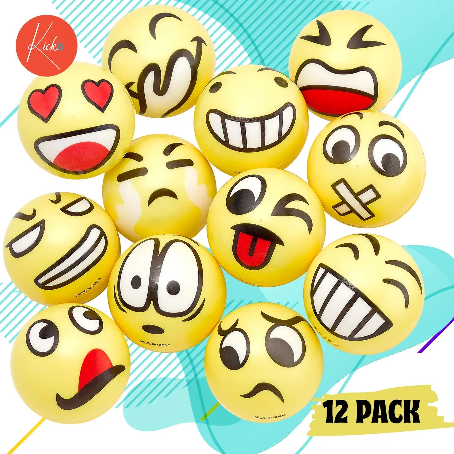 Kicko Emoji Squish Balls - 12 Pack - Emoticon Play Balls - for Party Favors, Stress