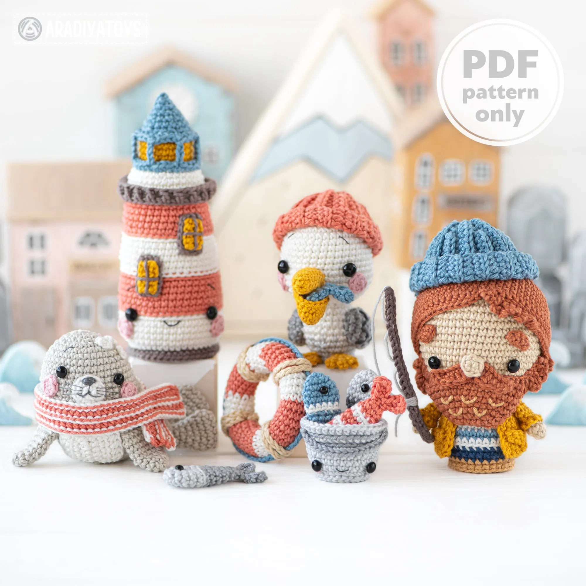 Lighthouse Island from “Mini Kingdom” collection, crochet patterns by AradiyaToys (Amigurumi tutorial PDF file) lighthouse seal pelican fish