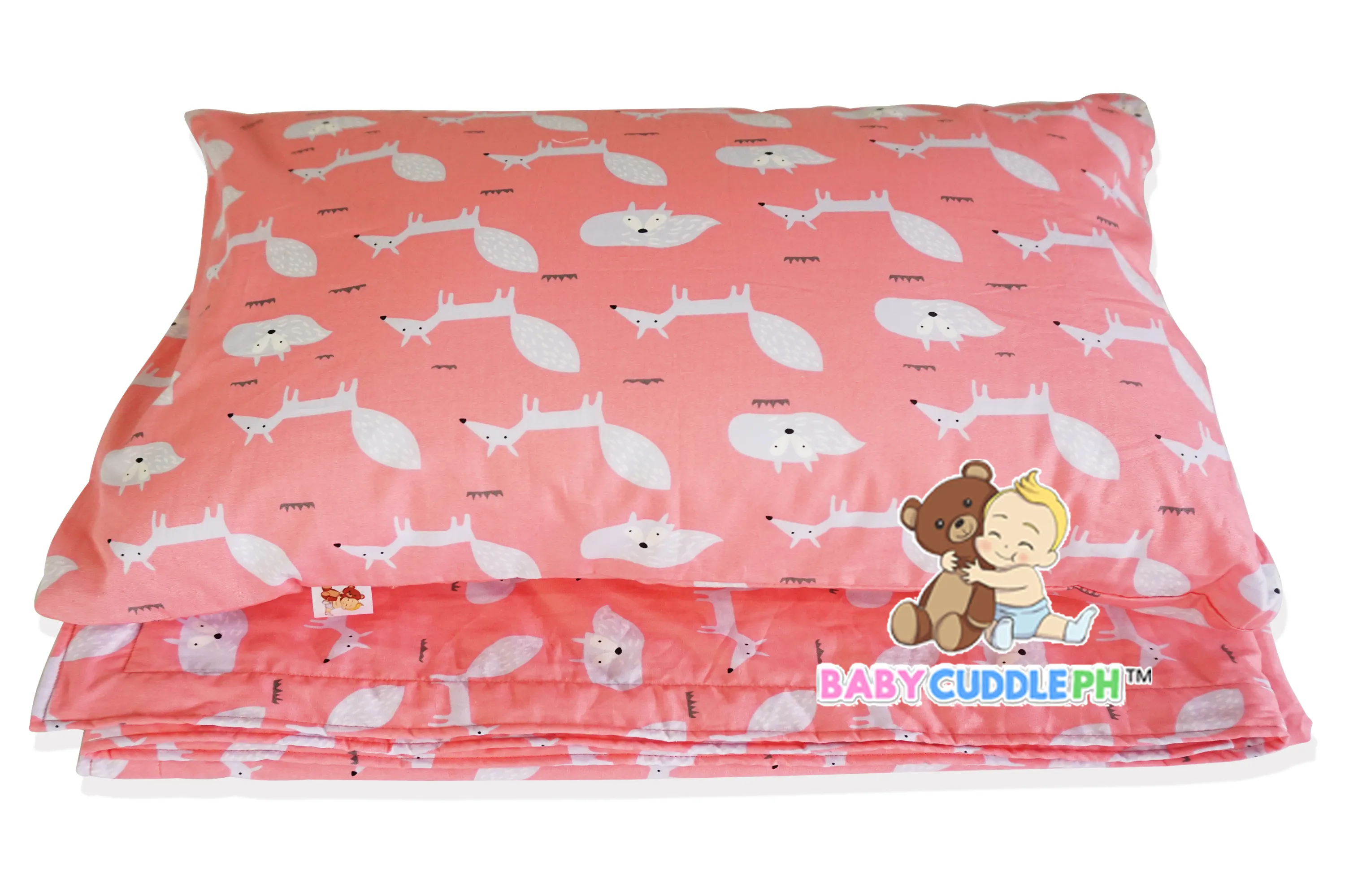 Little Fox in Coral -  Babycuddleph Toddlers kit (Pillow & Blanket)