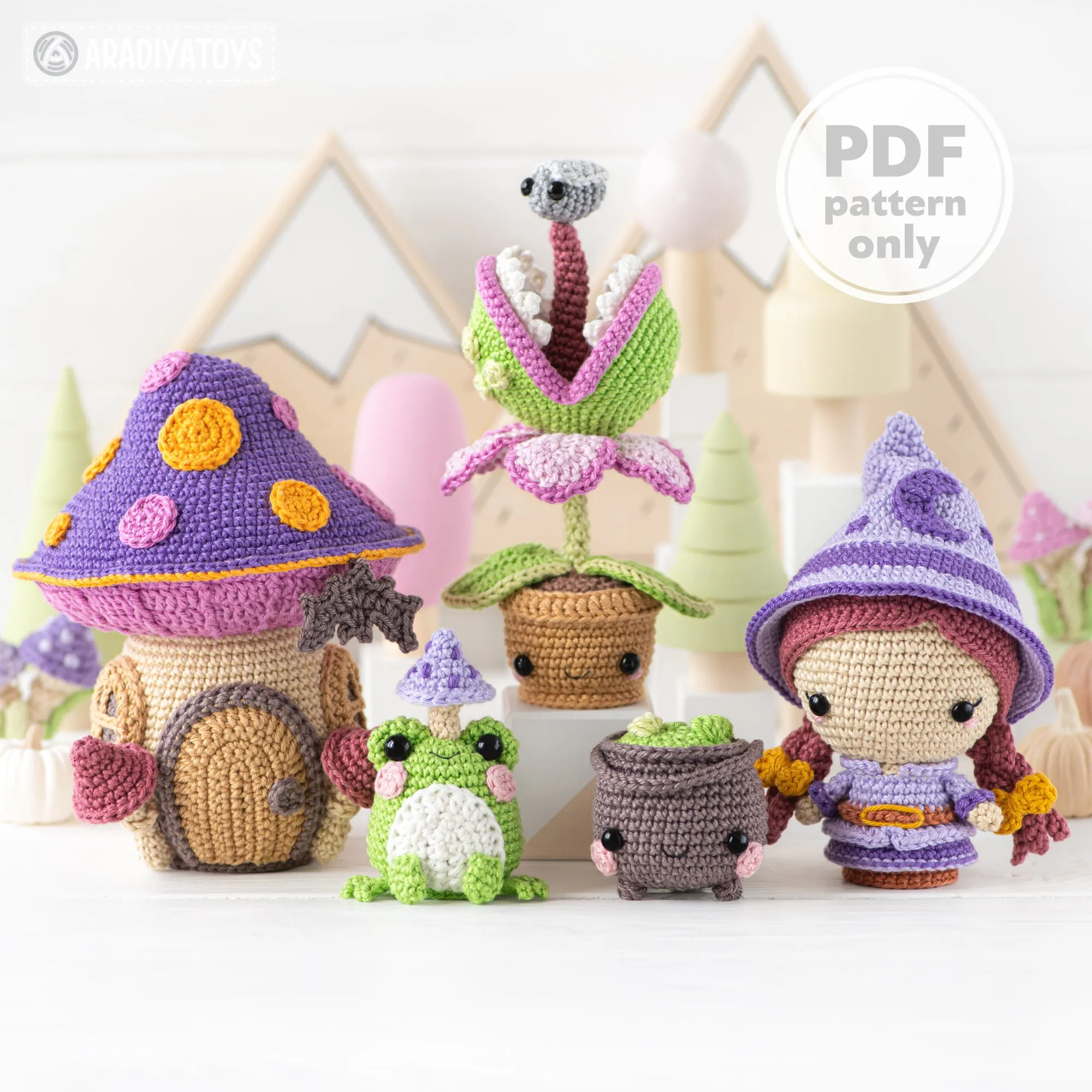 Midnight Swamp from “Mini Kingdom” collection halloween crochet pattern by AradiyaToys Amigurumi tutorial PDF file witch frog venus fly trap