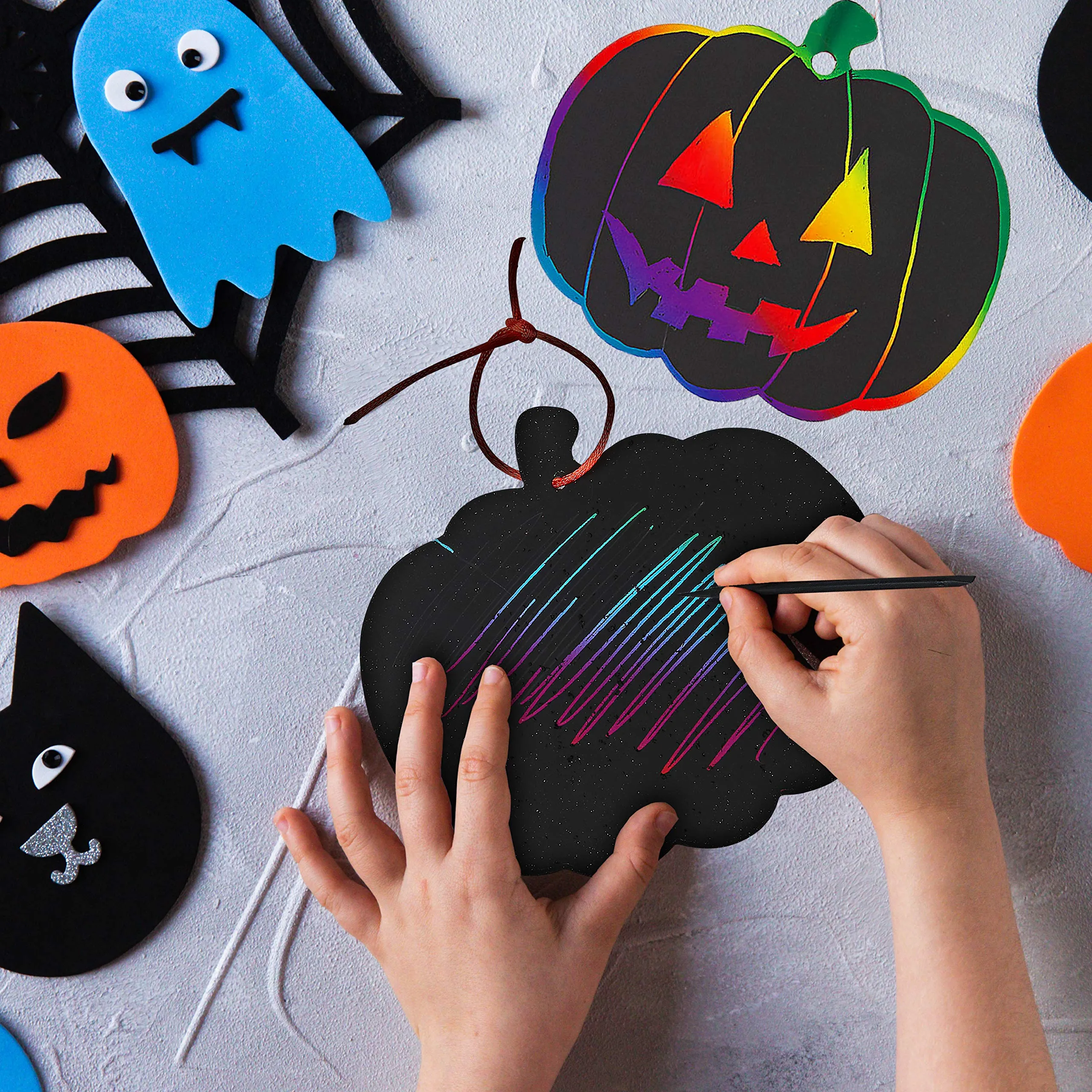 Neliblu Halloween Scratch Art Paper Crafts Kit Bulk Pack of Halloween Pumpkins with Magic