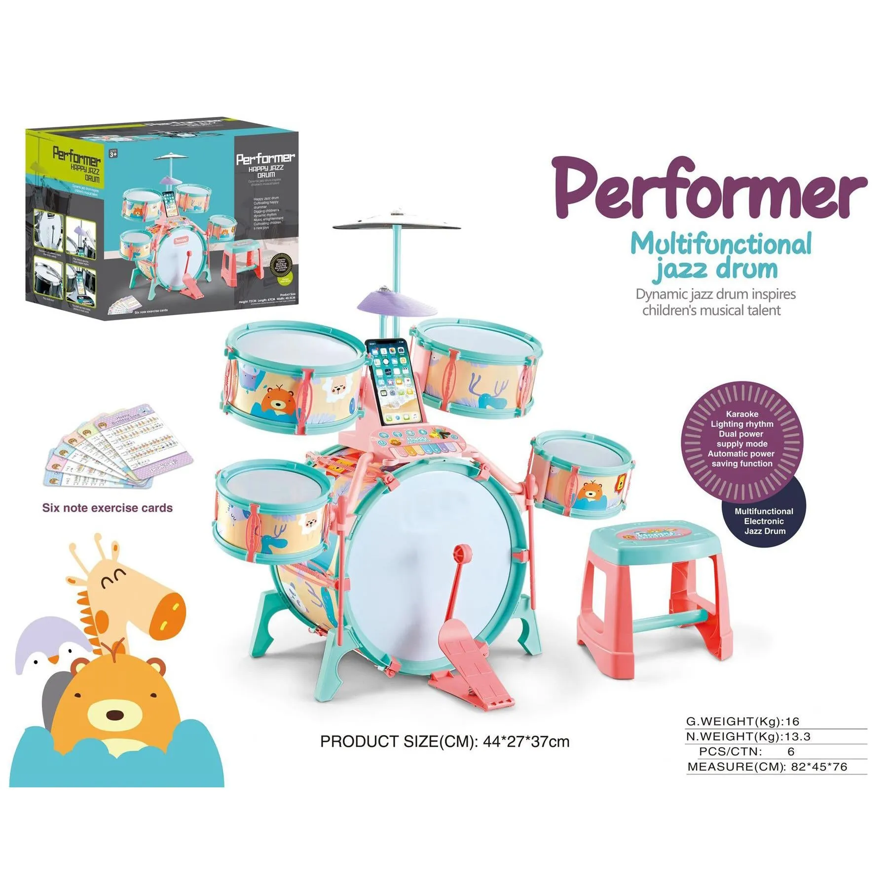 Pink and Green Multi functional Kids Jazz Drum Set