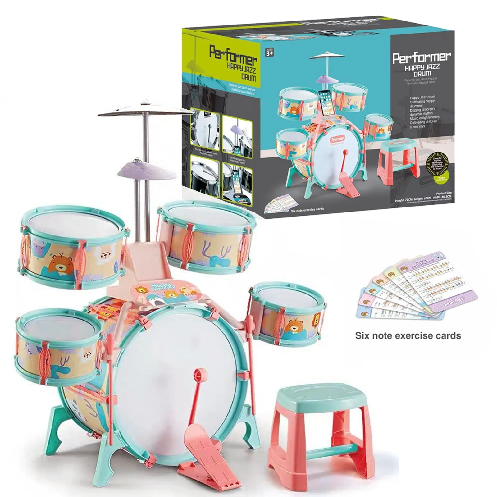 Pink and Green Multi functional Kids Jazz Drum Set