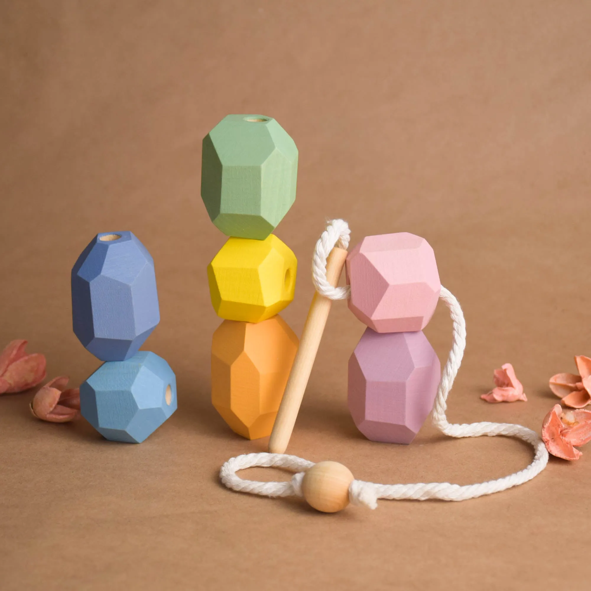 Wood Lacing Toy Stacking Rocks Pastel