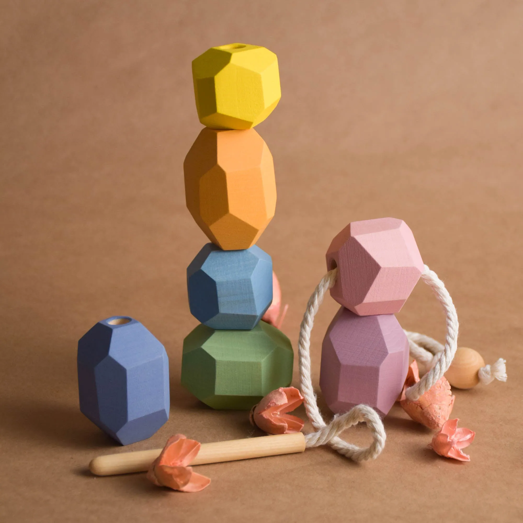 Wood Lacing Toy Stacking Rocks Pastel