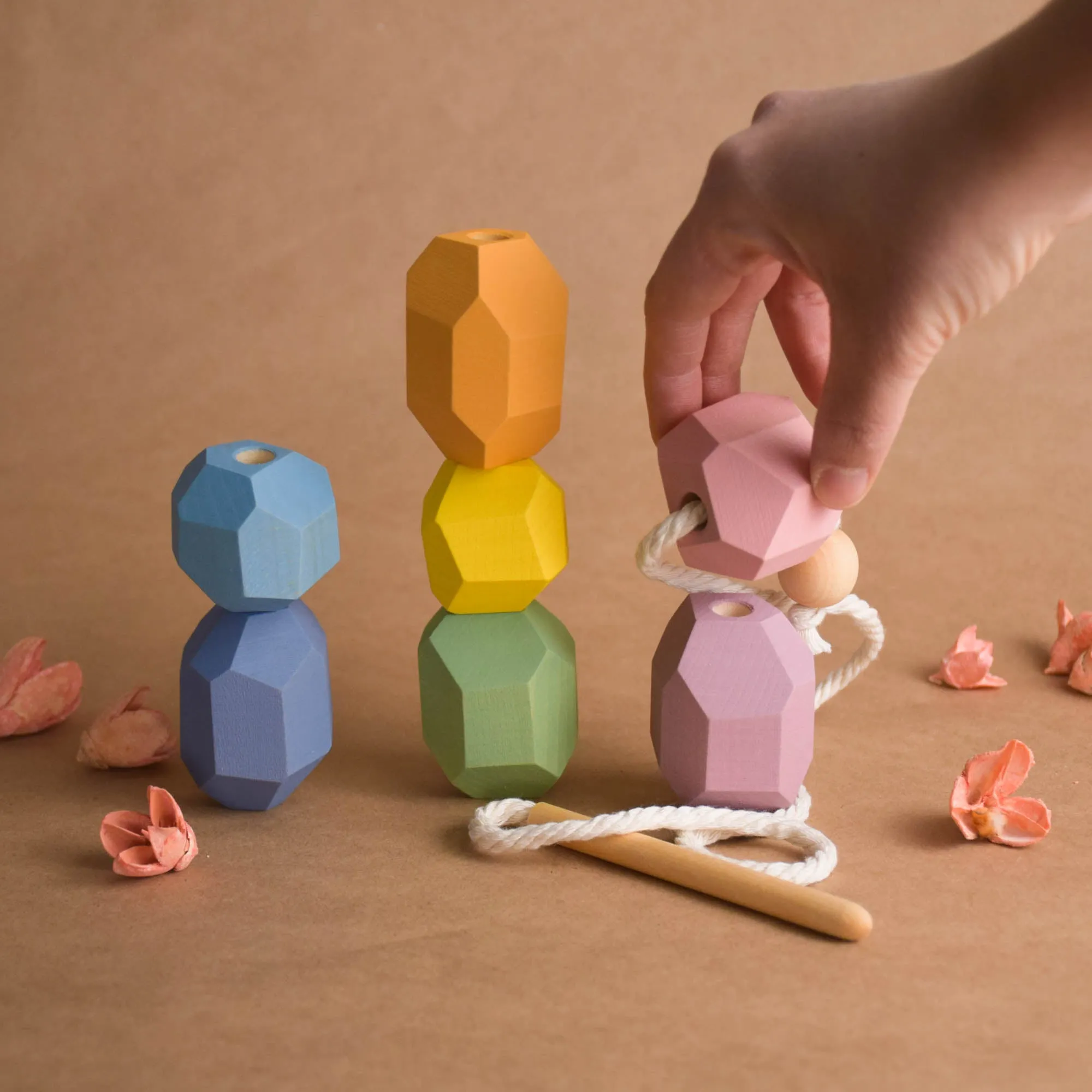 Wood Lacing Toy Stacking Rocks Pastel