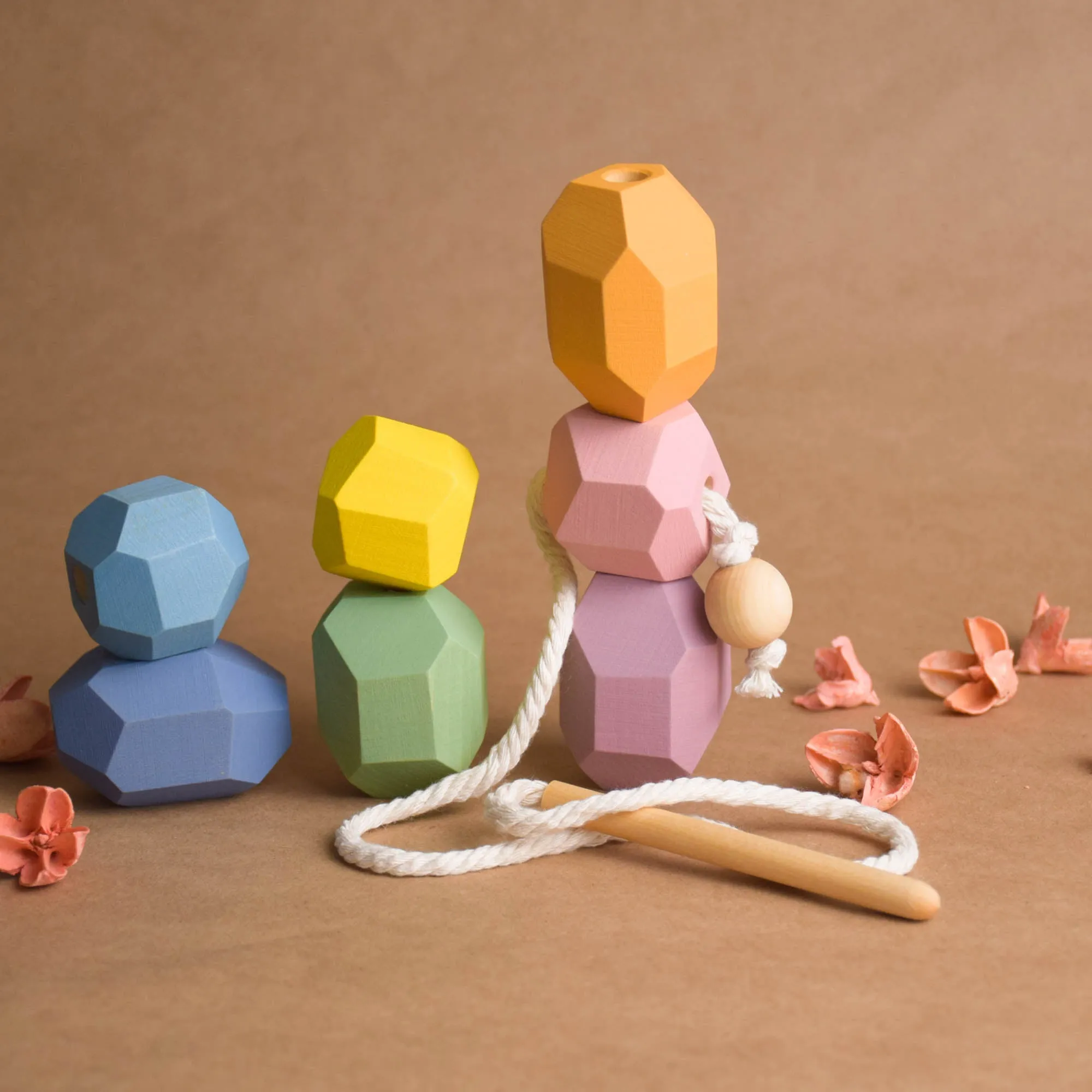 Wood Lacing Toy Stacking Rocks Pastel