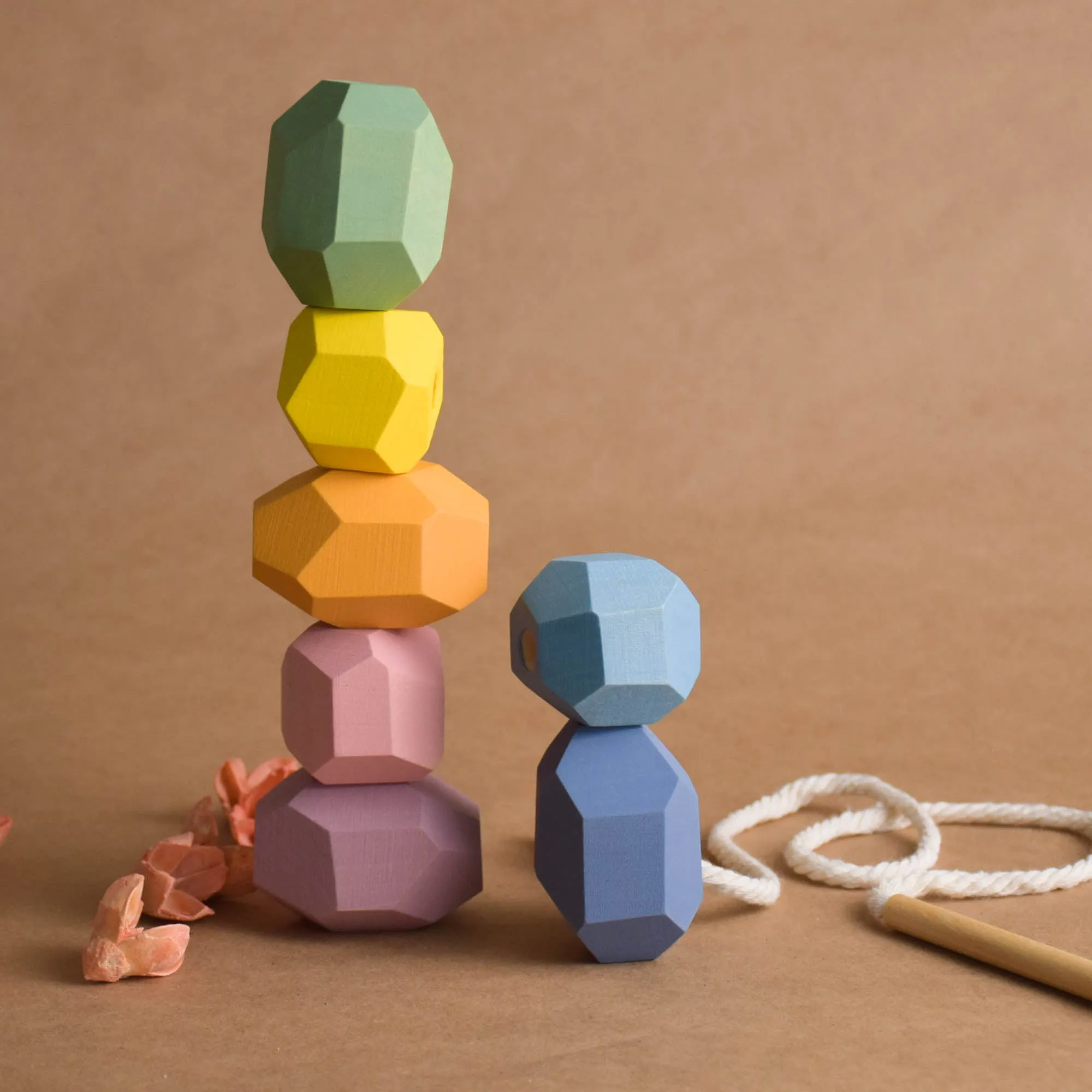 Wood Lacing Toy Stacking Rocks Pastel