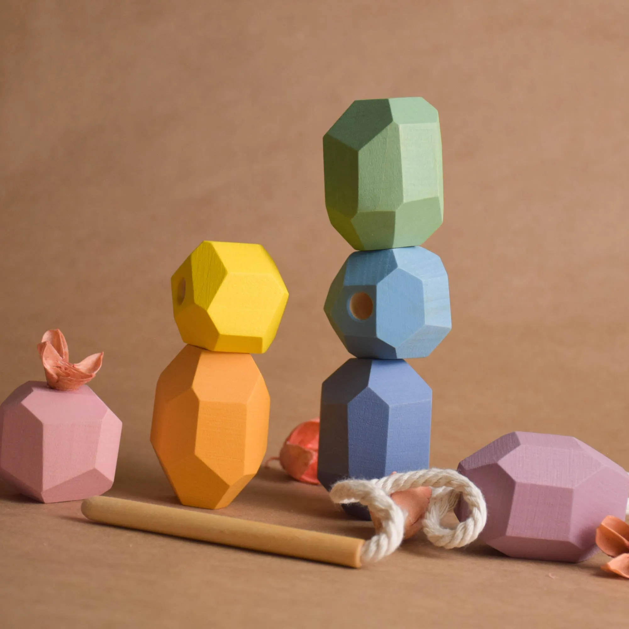 Wood Lacing Toy Stacking Rocks Pastel