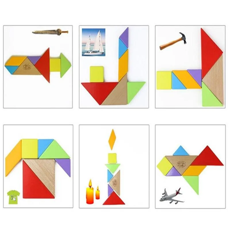 Wooden Tangram Brain Teaser Puzzle Early Educational Learning Toys Gifts For Children Kids Good For Baby's Intelligence Develop